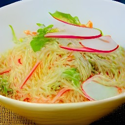 a bowl of mixed baby greens, bean sprouts, carrots, red bell pepper strips, radish slices, chopped scallions and fried rice noodles.