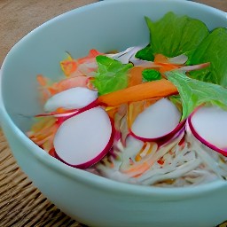 a bowl of salad with vinaigrette and fried rice noodles on top.