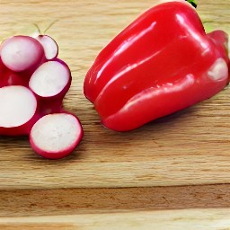 halved and deseeded red bell pepper strips and radish slices.