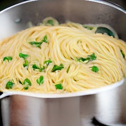 a pot of spaghetti with olive oil and margarine.