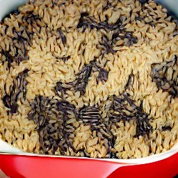 a casserole dish with olive oil, onion slices, chopped garlic, and mixed grains.