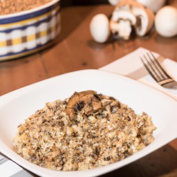 

Mouth watering mixed grain and mushroom casserole made with wild rice, brown rice, olive oil, onions, portabella mushrooms and vegetable broth - gluten-free egg-free nut-free. Perfect for a light dinner!