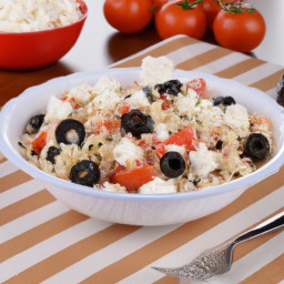 

This delicious, eggs-free and nuts-free orzo salad with balsamic vinaigrette is a light yet satisfying lunch option. It's packed with nutritious ingredients like black olives, chickpeas, feta cheese and orzo pasta.