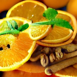 a dish of sliced oranges sprinkled with granulated sugar, cinnamon, orange flower water, walnuts, and spearmint.