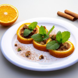 

A delicious vegan, gluten-free, eggs-free and lactose-free fruit salad made of navel oranges, walnuts and spearmint - a perfect dessert or snack.