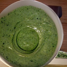 the food processor will create a spinach sauce out of the drained veggie mixture, basil, pesto, cream, and 1.6 oz of the grated parmesan.