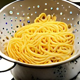 the spaghetti is drained in a colander, reserving a little of the cooking water.