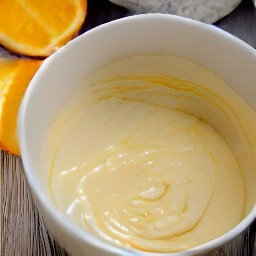 the output is a bowl of batter containing orange zest, melted butter, orange juice, eggs, and flaked coconut.