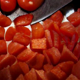 after peeling and chopping the onion, bell pepper, zucchini, black olives, and tomatoes, the garlic cloves are peeled and minced.