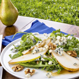 

This delicious gluten-free, eggs-free and soy-free European/French pear and rocket salad is light yet flavorful with buttery pears, crunchy walnuts, and creamy blue cheese.