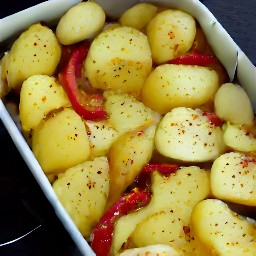 a dish of roasted potatoes, bell peppers, and onions seasoned with rosemary, salt, and pepper.