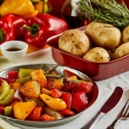 

This vegan, gluten-free side dish of roasted potatoes, red bell peppers and onions with rosemary is a healthy and delicious way to enjoy vegetables.