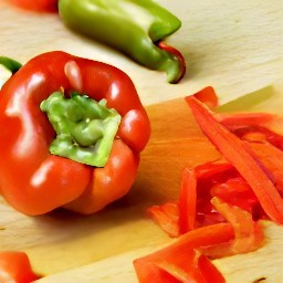 strips of red bell pepper, onion, and green sweet pepper.