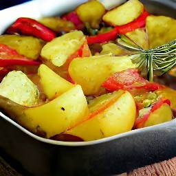 the dish is removed from the oven and rosemary is scattered over it.