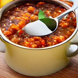 a pot of chili with onions, bell peppers, garlic, mushrooms, chickpeas, kidney beans, bulgur, tomatoes