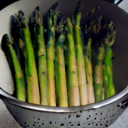 two cups of heated water and cooked asparagus.