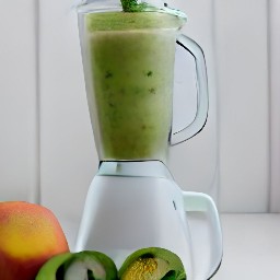 the food processor will output a smoothie made of banana chunks, kiwi slices, and peach slices.