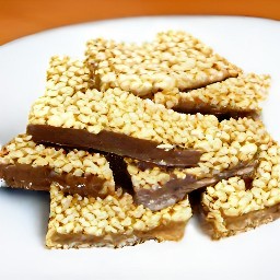sesame toffee squares on a serving plate.