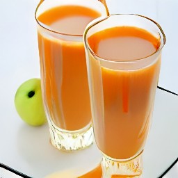 the apple and carrot juice is divided into tall glasses.