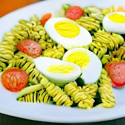 a pasta dish with pesto, mayonnaise, greek yogurt, lemon juice, zucchini, and tomatoes.