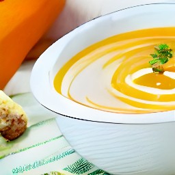 a serving bowl of pumpkin soup is served.