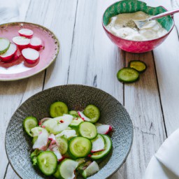 

Refreshing and light, this cucumber salad with creamy dressing is a healthy no-cook recipe that's free of soy, gluten, eggs and nuts - made with crisp cucumbers and juicy tomatoes.