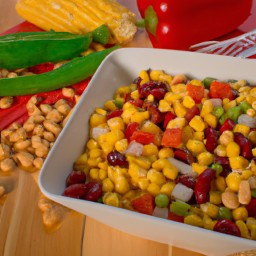 
This delicious vegan, gluten-free and allergen-free American side dish/salad is made of pinto beans, red bell peppers, peas, canola oil and granulated sugar.