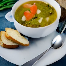 the spring veggie soup with basil pesto served with sliced bread.