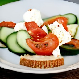 a greek tomato and cheese salad with a side of bread.