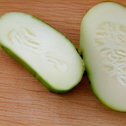 the cucumber is cut in half lengthwise.