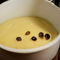 a bowl of batter with mashed bananas, half of the melted butter, and raisins.