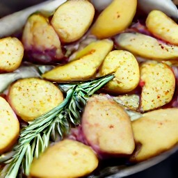 a dish of baked potatoes covered in butter and seasonings.