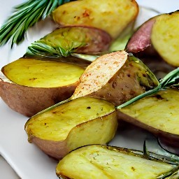 the rosemary red potatoes are transferred to a serving plate.