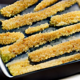 the zucchini sticks are coated with the egg mixture and then the dry mixture.