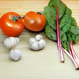 the swiss chard is trimmed, then sliced into 1/2-inch pieces, the garlic is peeled and minced, and the tomatoes are halved and deseeded before being diced.