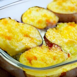 a dish of potatoes covered in cheese and sauce, which has been baked for 45 minutes.