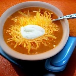 a serving plate with fiesta soup, cheddar cheese, and sour cream.