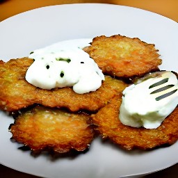 a platter of carrot latkes with sour cream on top.