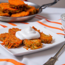 
Carrot latkes are a healthy, nuts-free snack or side dish made with eggs, matzo and sunflower oil. Top it off with some sour cream for extra flavor!