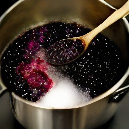 a mixture of blueberries, granulated sugar, lemon zest, juiced lemons and liquid pectin.