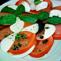 a platter with tomatoes, mozzarella cheese, capers, and basil arranged on it. the platter is seasoned with kosher salt and olive oil.