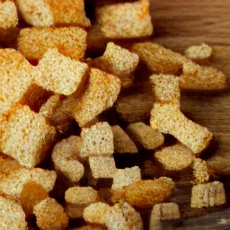 lightly toasted bread in small cubes, with peeled and minced garlic cloves.