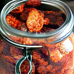 the oven dried tomatoes are transferred to a jar.
