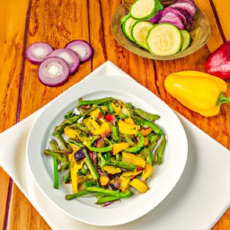 

This delicious vegan side dish of grilled herbed vegetables combines the flavors of green beans, red onions and yellow bell peppers for a gluten-free, eggs-free, nuts-free, soy-free and lactose-free treat.