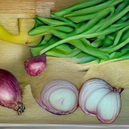 you will have green beans that are trimmed and halved, red onions that are peeled and chopped, garlic that is peeled and minced, zucchinis that are sliced, and yellow bell peppers that are