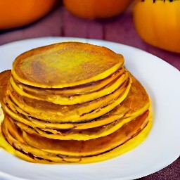 the pumpkin pancakes are transferred to a serving plate.