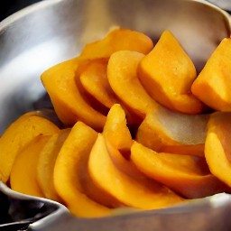 the melted butter mixture is poured over the sweet potatoes in the metal dish.