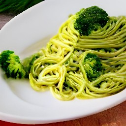 a serving of pesto pasta with broccoli.