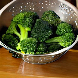 the broccoli is drained in a colander.