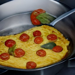 a scrambled egg dish with goat cheese chunks and cherry tomato halves.
